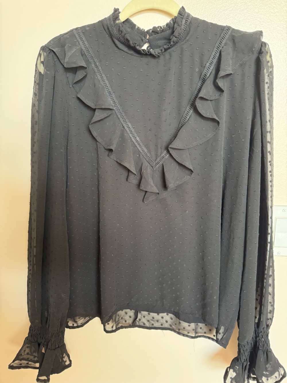 Sheer Ruffle Swiss Dot Blouse - Black